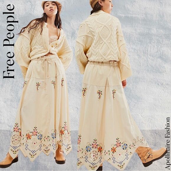 FREE PEOPLE ARIELLE EMBROIDERED MAXI SKIRT IN BIRCH MEDIUM & LARGE NWT - Picture 1 of 15